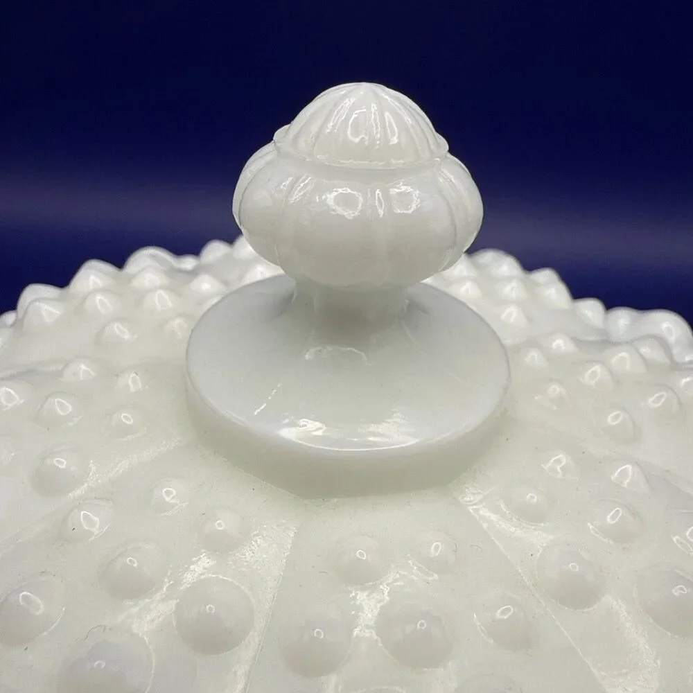Vintage Fenton White Hobnail Milk Glass Candy Dish w/ Handle and Lid Grandma